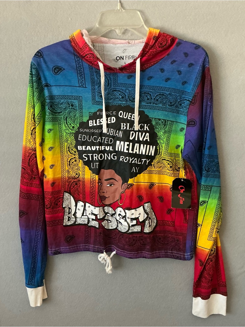 NWT On Fire Rainbow Bandana Hoodie L Melanin Blessed Black Queen CropTop Graphic